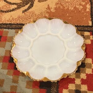 Vintage milk glass with gold scalloped deviled egg tray
